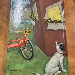 Vintage Art Print with Red Tricycle and Dog